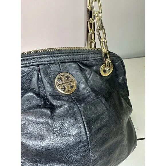 Tory Burch Dena Mini Black Crinkle Leather  Crossbody Chain Bag - Picture 5 of 11